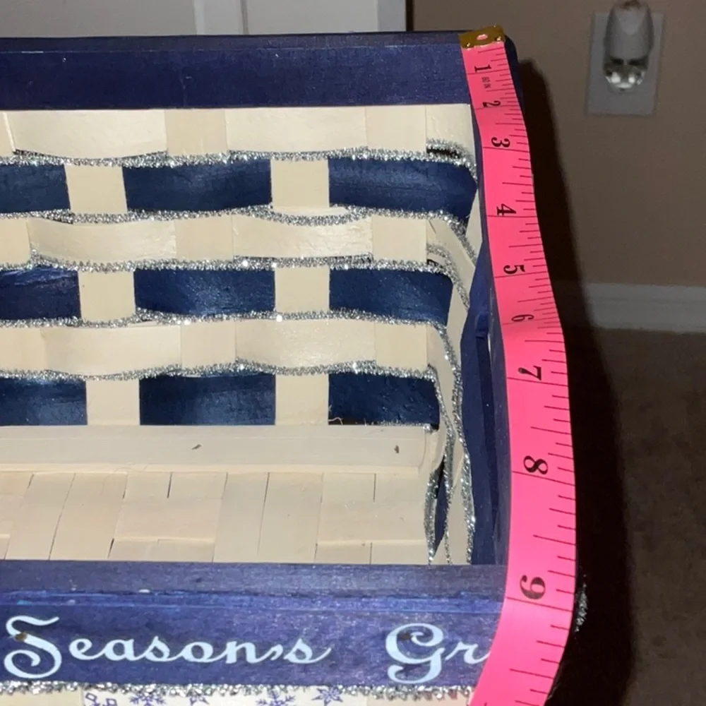 Holiday SEASONS GREETINGS Blue, Ivory, Silver Rectangular Wicker Basket handles